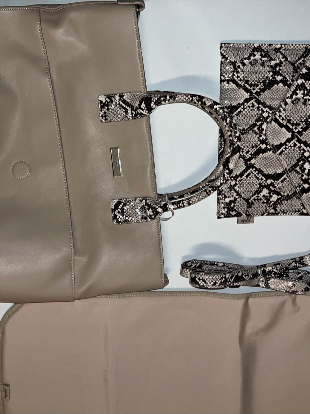 Ju-Ju-Be Taupe Tote with Snake-Print Trim